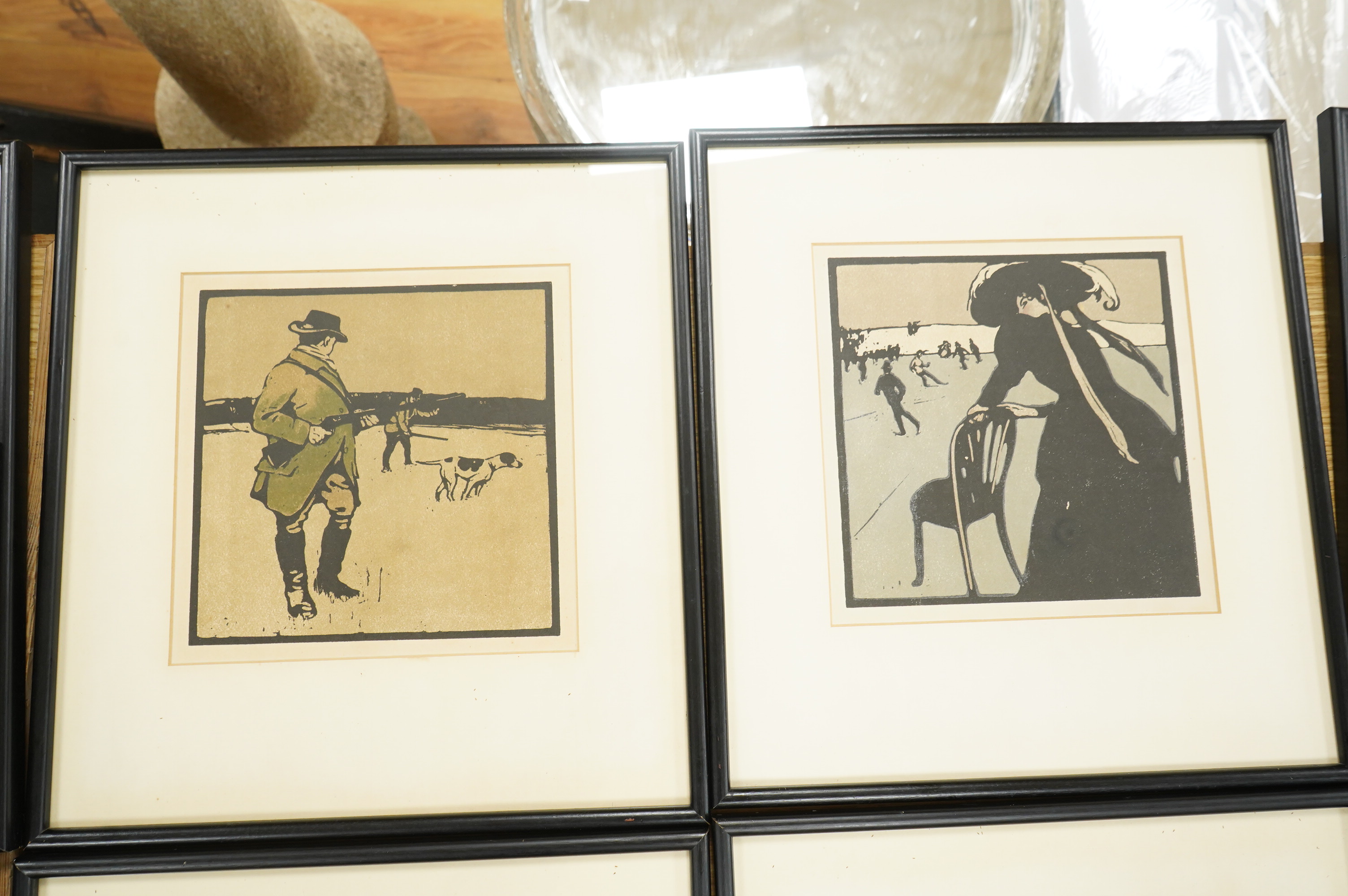 After Sir William Nicholson (1872-1949), twelve woodblock-style colour lithographs from ‘The Almanac of twelve sports’ / ‘The Sporting Calendar’, circa 1895, 22 x 22cm